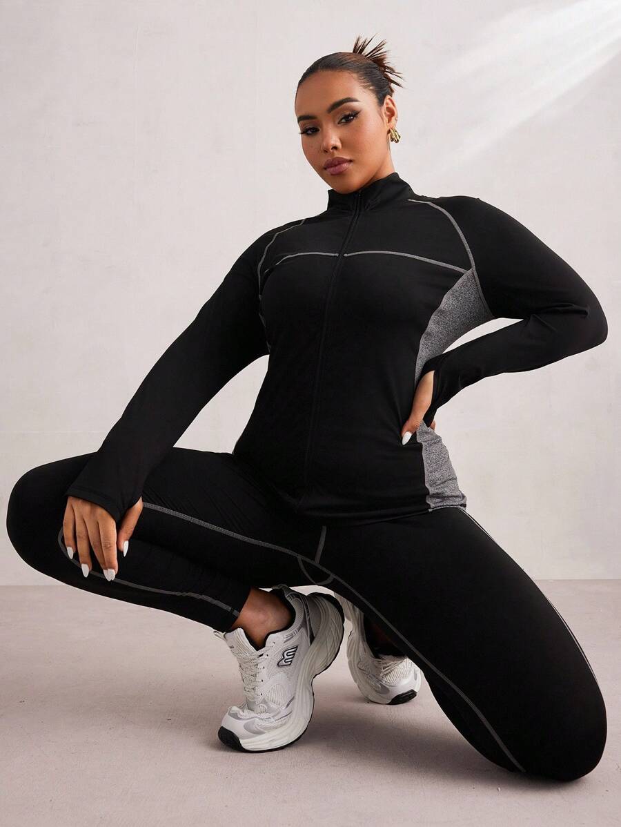 Easithlete Plus Size Color Block Splice Long Sleeve Jacket With Sport Pants Set Workout Women Set