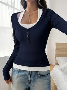 Zielony Vintage Colorblock Long Sleeve Crew Neck T-Shirt, Casual Chic Slim Fit Pullover Top For Autumn, European And American Style Fall Cloth For Women