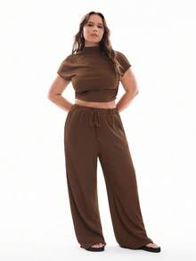 Solavibe Plus Size Texture Knit T-Shirt & Long Pants Casual Pleated Drawstring 2pcs Set 2 Piece Sets Woman - Coffee Brown - View 7