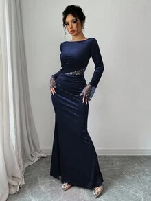 Elenzga Váy ngày lễ tình nhân màu đỏ, tay dài chắp vá đính hạt ngọc trai, eo xếp ly xẻ tà lãng mạn thanh lịch dành cho nữ - Màu xanh hải quân - Xem 4