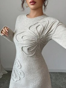 Elenzga Đầm midi/váy len thêu hoa cổ tròn tay dài thanh lịch, đa năng cho nhiều dịp và mùa, Thu/Đông - Màu be - Xem 8