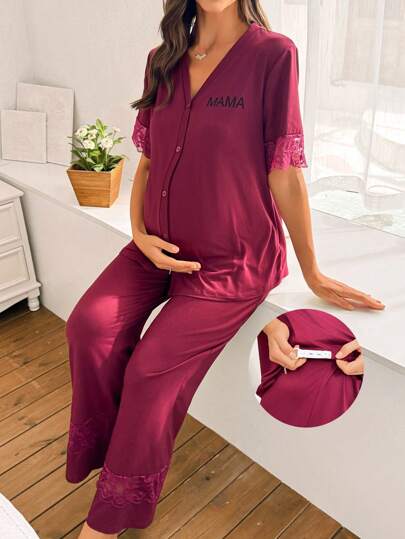 Moonlight&Mama Dampyjamasset med bokstavstryck, spetstopp och byxor i casualstil för gravida