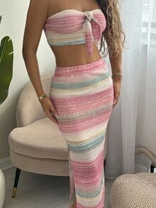 RebeccaVibe 女士条纹短款抹胸和迷你裙套装 女士条纹短款抹胸和迷你裙套装 节日约会之夜下午茶 春夏季度假 - 彩色 - 查看 3