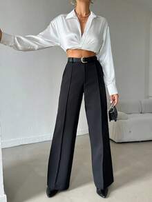 ZIRRA بنطلون نسائي أنيق واسع الساق مع طيات خصر عالي للاستخدام المهني أو اليومي - الأسود - مشاهدة 3