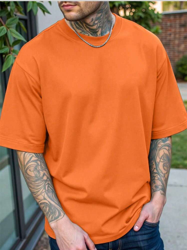 Manfinity Homme Plus Size Men's Casual Solid Color Short Sleeve T-Shirt, Summer - Orange - View 1