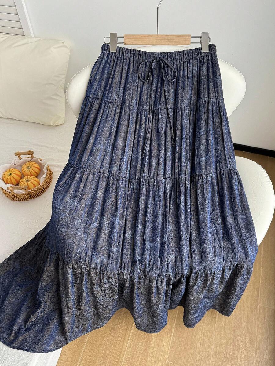 SHEIN EZwear 大码纯色纹理褶皱系带 A 字中长裙，秋冬休闲装 - 藏蓝色 - 查看 1