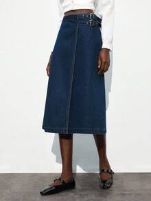 Maija Women's Side Buckle Design A-Line Casual/Work Denim Skirt - Dark Wash - View 6
