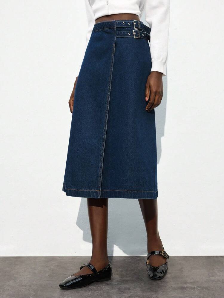SHEIN Maija Women's Side Buckle Design A-Line Casual/Work Denim Skirt