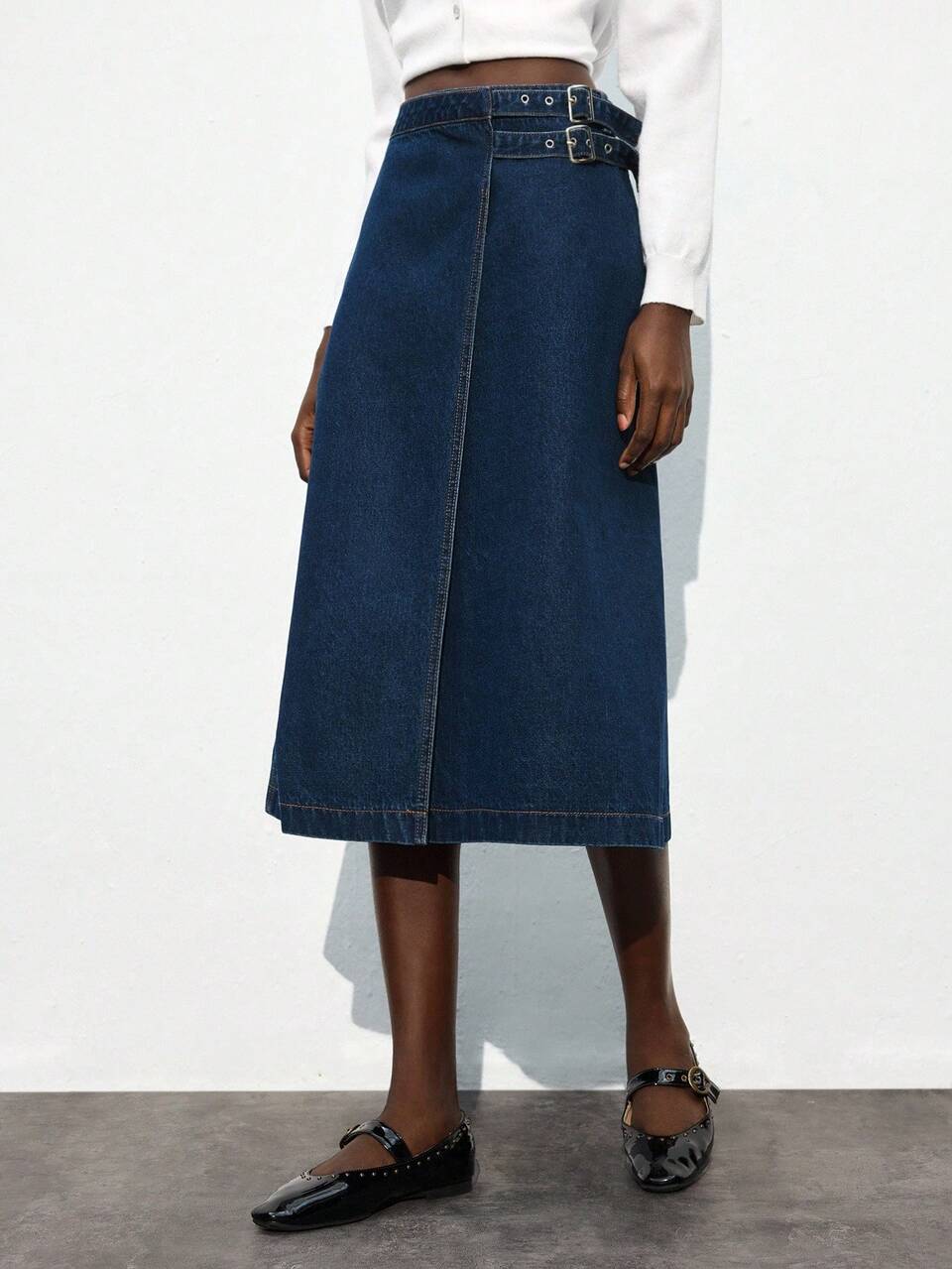 SHEIN Maija Women's Side Buckle Design A-Line Casual/Work Denim Skirt