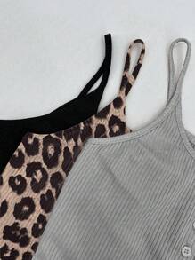 Chiquease 开衩纽扣吊带背心多色套装，豹纹和纯色基础款性感细肩带上衣，适合圣诞节、情人节、派对、日常通勤和外出穿着。 - 彩色 - 查看 4