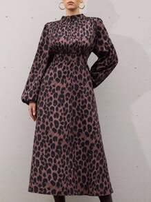 Aveloria Modichic Vintage Leopard Print Ruched Front Waist Cinched Long Sleeve Dress Fall Cloth For Women - Multicolor - View 6