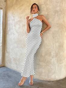 Aloruh 女士优雅性感金属扣复古波尔卡圆点印花装饰镂空紧身黑色针织弹力连衣裙，适合约会 - 白色 - 查看 7