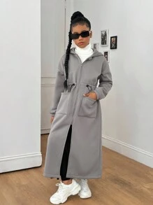 Sparklyn 青少年女孩休闲百搭多功能居家、学校、运动收腰仿毛领长夹克，秋冬秋季 - 灰色 - 查看 3