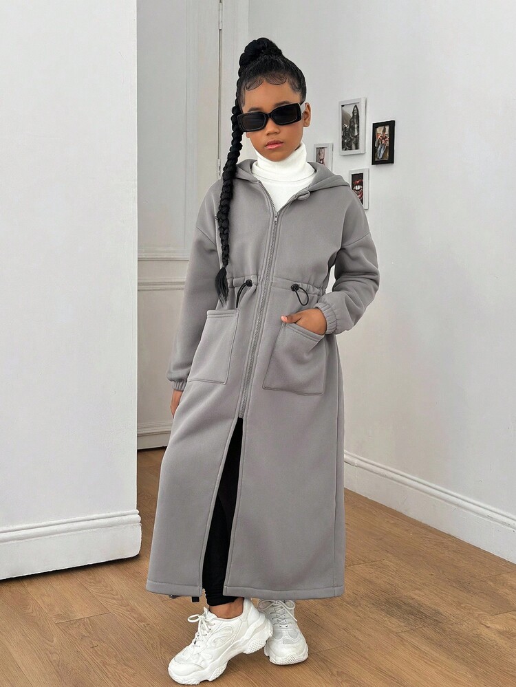 Sparklyn Tween Girls' Casual All-Match Versatile Home, School, Sports Cinched Waist Faux Fur Collar Long Jacket, Autumn/Winter Fall - Grey - View 3