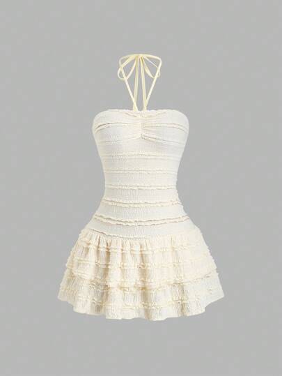 Sweetra Falda mini acampanada de verano de unicolor con textura y lazo en la cintura