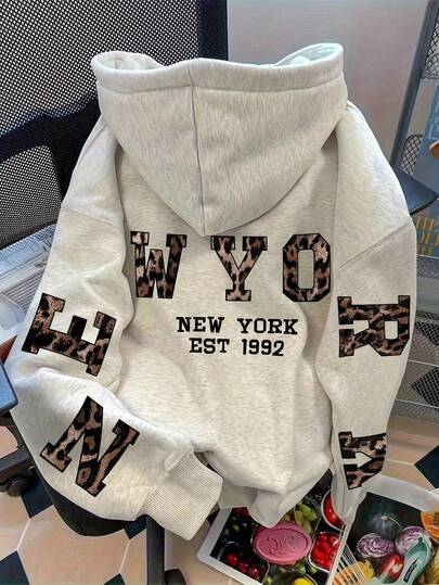 INAWLY Women Letter Print Drop Shoulder Casual Hoodie Sweatshirt