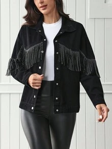 EMERY ROSE Fringe Trim Drop Shoulder Denim Jacket