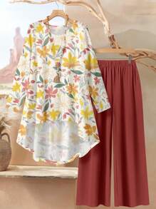 EMERY ROSE Plus Size Women 2pcs Elegant Casual Loose Long Sleeve Top And Pants Set, Suitable For Autumn/Winter,Two Piece Set Women - Multicolor - View 1