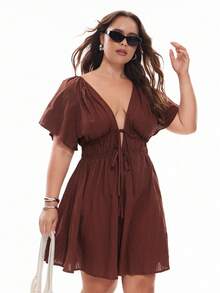 Solavibe Plus Size Casual Vacation Textured Ruffle Sleeve V-Neck Tied Waist Dress,Summer Dresses For Women,Dresses Casual