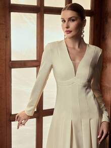 ZEYLAH Women's Elegant Solid Color V-Neck Ruched Waist Dress