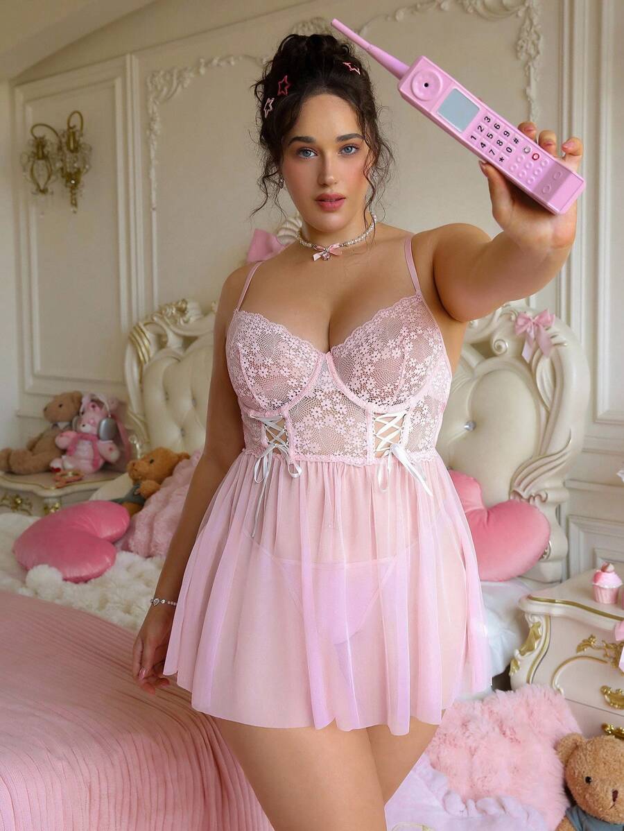 PetitDoll 2pcs Plus Size Lace Patchwork Backless Lingerie Set,Pink Summer Crotchless Babydoll Dress Nightgown,Tulle Lingerie Dress For Women - Pink - View 1