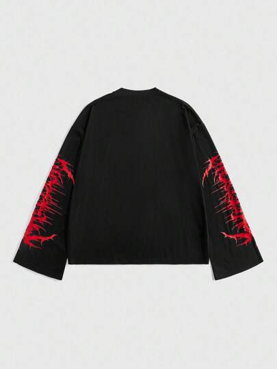 Anime Men's Casual Dark Anime Graphic Round Neck Long Sleeve T-Shirt, Emo, 2000s Style