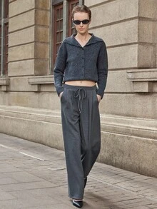 SHEIN X Jwoww Lumivelle 女士休闲纯色系腰宽松阔腿裤，带斜口袋 - 深灰色 - 查看 6