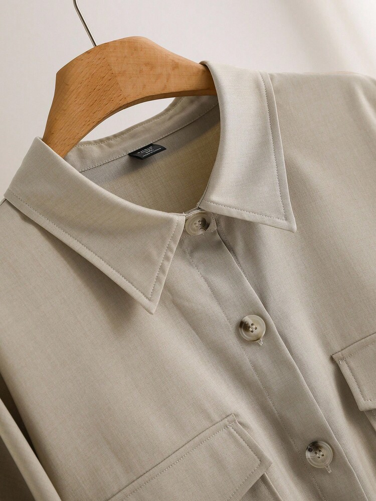 CosyJoli Plus Size Women's Solid Color Drop Shoulder Long Sleeve Single-Breasted Casual Utility Pocket Jacket Winter Fall Autumn - Apricot - View 3