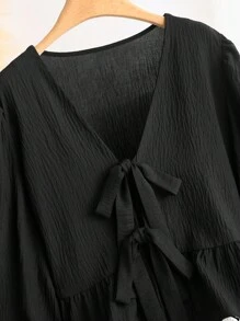 CosyJoli Áo len cardigan cổ chữ V tay dài phối ren chắp vá cỡ lớn, viền bèo nhún, thường ngày - màu đen - Xem 3