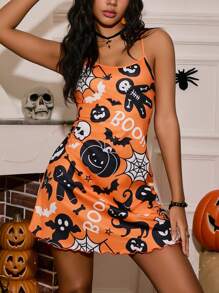 Miss Vinta Cute Halloween Pumpkin & Bat Print Camisole Nightgown For Women, For Halloween Party - Multicolor - View 4