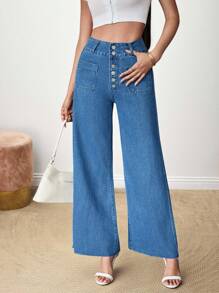SHEIN LUNE Jeans amples lavés taille haute jambe large pour femmes, style décontracté, convient pour l'été, l'automne, la rentrée scolaire, l'homecoming, Halloween, les affaires, le pays, le vintage, la modestie, les affaires décontractées, le travail, l'église - Bleu azur - Voir 3