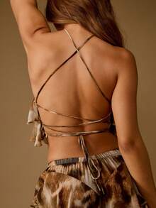 MISSGUIDED Ruffled Halter Neck Crop Top With Floral Rose Detail And Back Tie Design Festival Party Club Evening Summer Spring Top - Brown - View 6