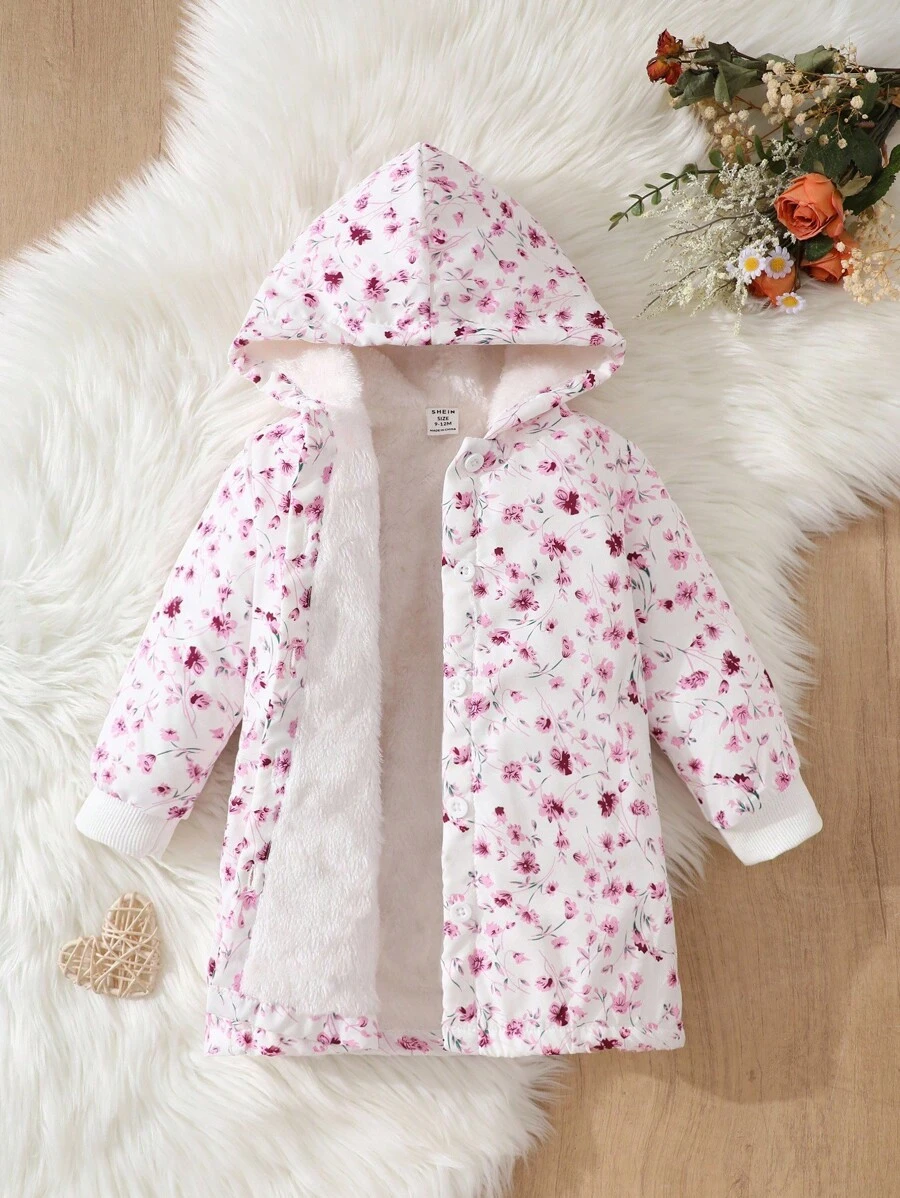 SHEIN Vintaside Kids 女婴休闲碎花保暖连帽外套，秋冬季 - 紫色 - 查看 1