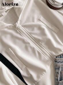 1件少女拉链卫衣，短款露脐长袖，罗纹袖口和下摆，秋季休闲装 - 白色 - 查看 3