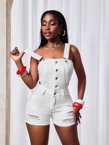 Slaydiva Summer Casual Versatile Solid Color Distressed Denim Bib Overalls - White - View 6