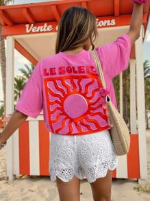 DrmWander T-shirt à manches courtes imprimé soleil et lettres, décontracté pour les vacances