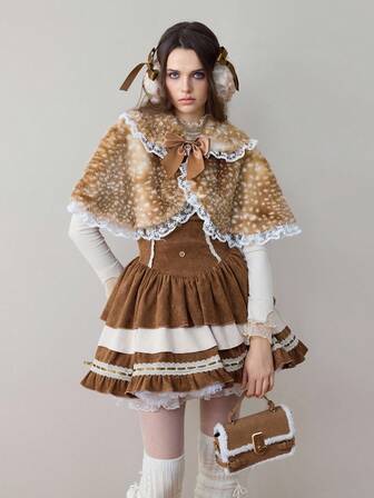 ROMWE Avant Women's Vintage Mori Style Mori Kei Cottagecore Retro Deer Pattern Fluffy Peter Pan Collar Lace Patchwork Ribbon Bow Cloak Jacket