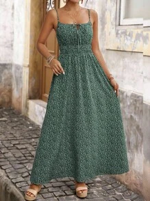 Brillora Women's All-Over Print Summer Sleeveless Knot Strap Dress - Green - View 4