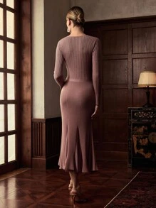 ZEYLAH 优雅V领鱼尾下摆渐变腰连衣裙，秋冬 - 藕粉色 - 查看 3