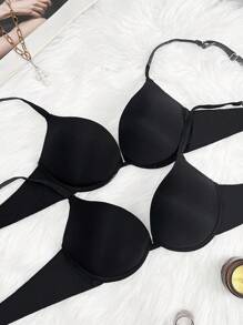 SHEIN 2pcs Women's Solid Color Minimalist Wire-Free Bras - Black - View 3
