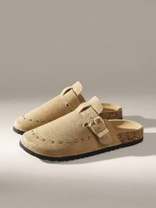 Solecia Zapatos planos cómodos, casuales, versátiles para mujer con puntera redonda, flecos, totalmente con strass y doble hebilla - Marrón - Ver 2