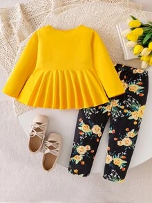 2pcs Baby Girls' Round Neck Long Sleeve Bow Knit Top And Floral Print Pants Holiday Set, Fashionable For Autumn, Holidays And Daily Wear Fall Winter - Yellow - View 2