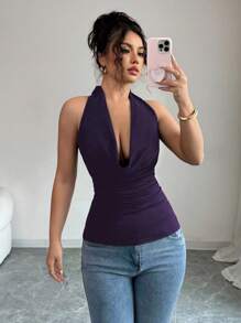 Zielony Elastic Knit Draped Neck Reversible Slim Fit T-Shirt Clothes For University - Purple - View 7