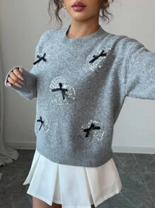 Elenzga Women's Round Neck Drop Shoulder Long Sleeve Bow Decor Heart Sequin Sweater Fall Winter Cloth For Women - Grey - View 6