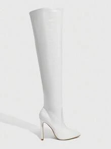 CUCCOO SZL 女士尖头细高跟鞋白色经典时尚动物印花简约性感派对宴会约会修身过膝靴，超弹力秋冬 - 白色 - 查看 10