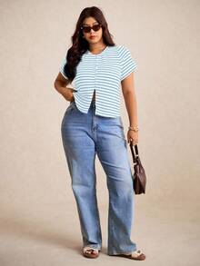 Elaquor Plus Size Fall Casual Commuter Front Button Split Hem T-Shirt,Fall Clothes For Women - Blue - View 1