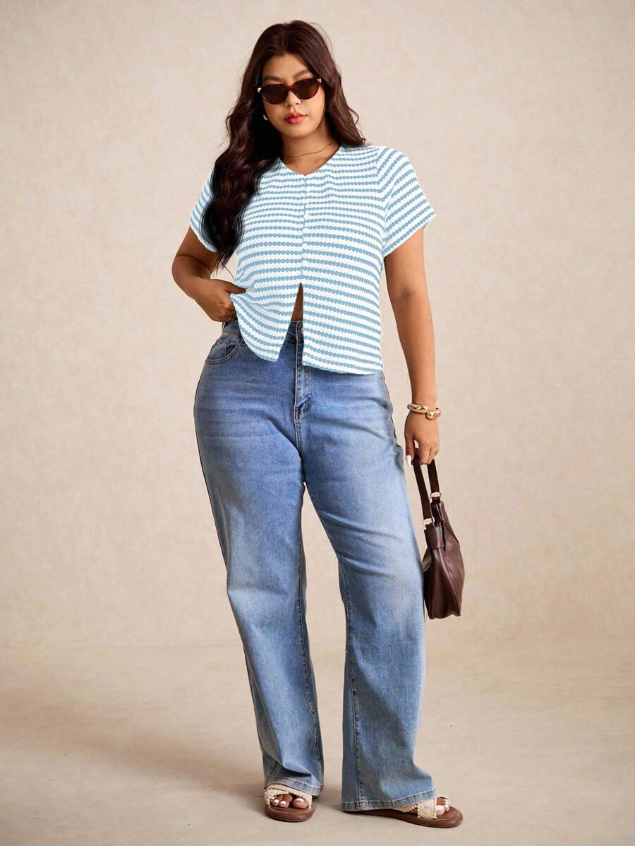 Elaquor Plus Size Fall Casual Commuter Front Button Split Hem T-Shirt,Fall Clothes For Women - Blue - View 1