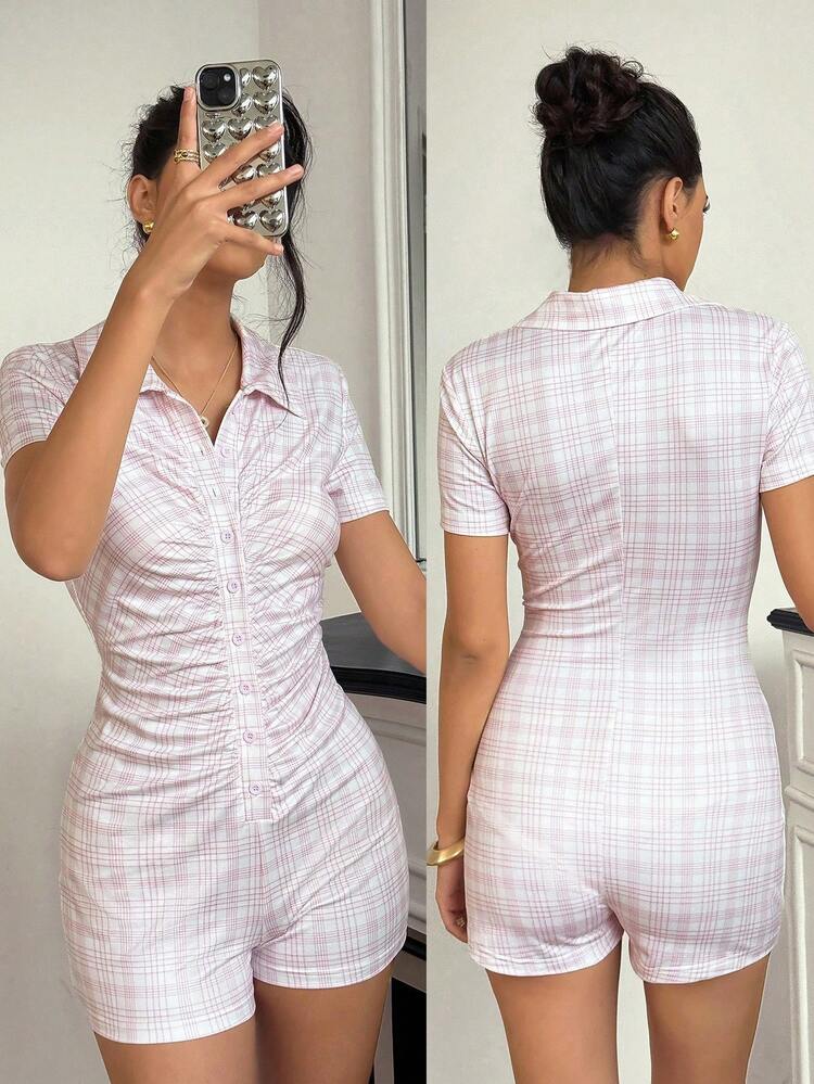 Chiquease Bộ đồ liền thân kẻ caro cài nút thoải mái, dễ mặc cho nữ, trang phục mùa hè, phù hợp cho trường đại học - Hồng - Xem 1