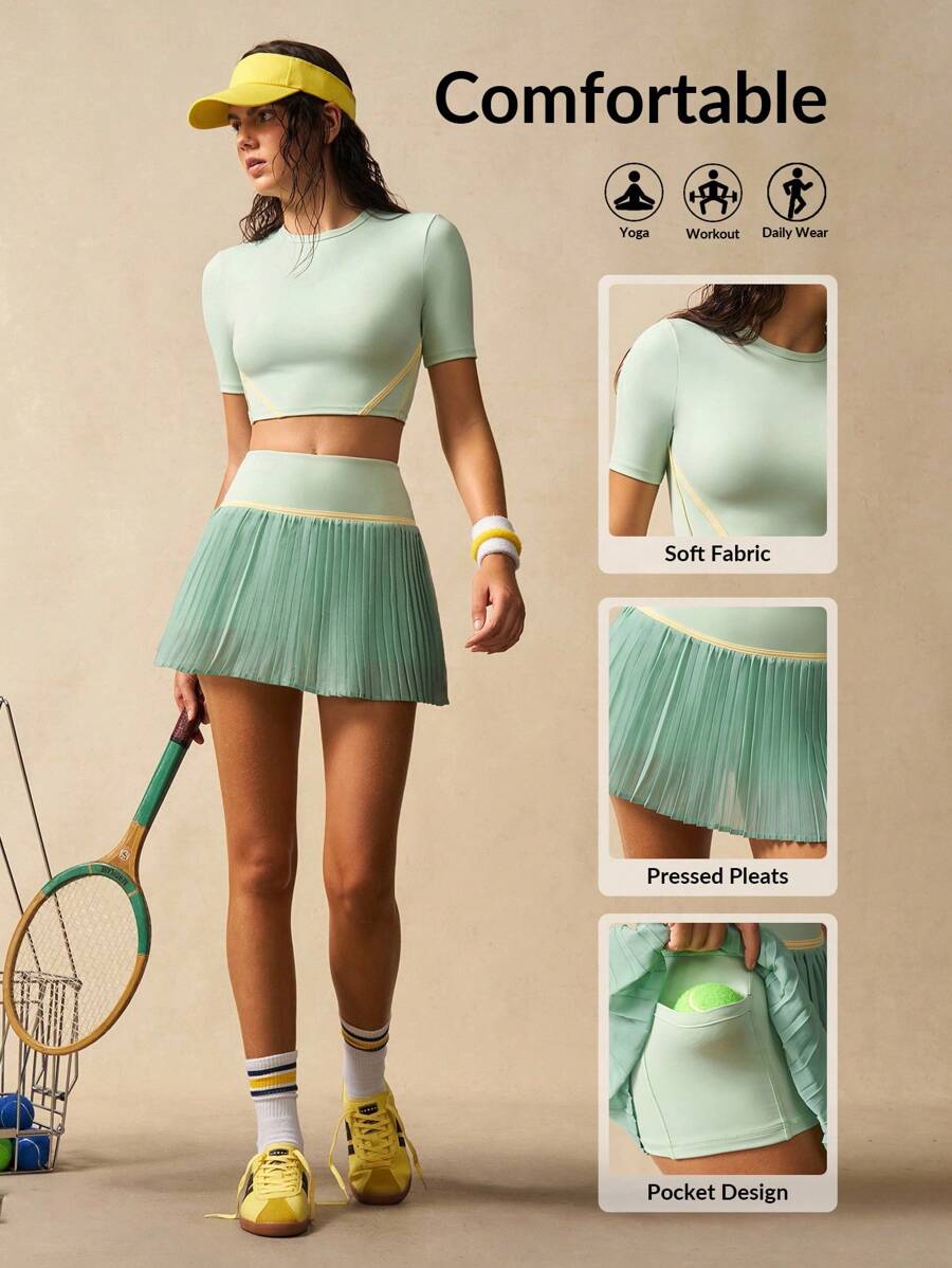 VARSIVA Women's Multicolor Knitted Colorblock Crop Sports Set With Round Neck And Short Sleeves Tennis Skirt Set Women Tennis Outfit 2 Pieces Workout Set Women Pleated Tennis Skirt Athletic Skirt Set