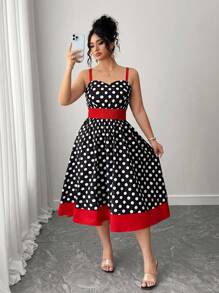 Elenzga Kooky Elegance 系列条纹和波尔卡圆点细节（星期三美学）黑暗学院风别致星期三灵感外观万圣节大码女式休闲时尚束腰吊带连衣裙拥抱你内心的阴影黑暗女性时尚（星期三美学） - 彩色 - 查看 2